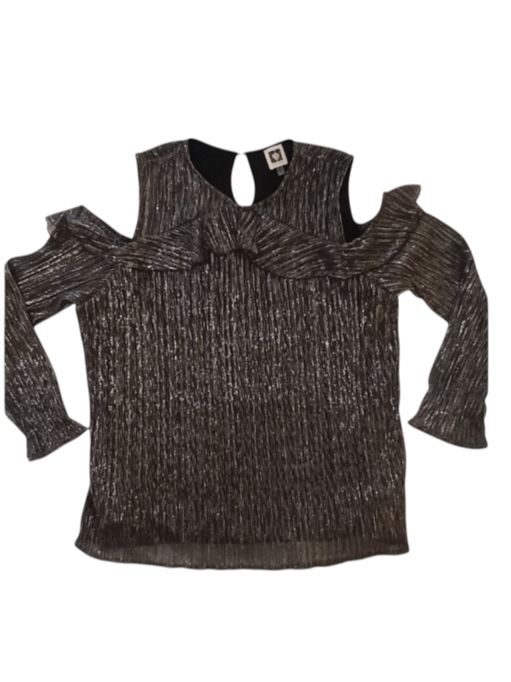 Anne Klein Metallic Cold Shoulder Long Sleeve Top Sparkle Black Silver Size 2X